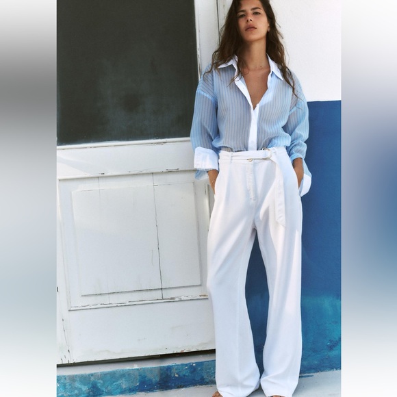 Zara Tops - ZARA NEW WOMAN SEMI-SHEER STRIPED ORGANZA SHIRT BLUE WHITE